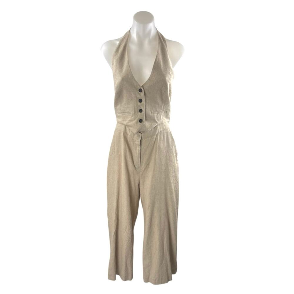 Zara Beige Halter Open Back Sleeveless Wide Leg Tank One Piece Romper Jumpsuit S